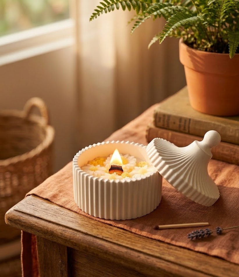 Joyero artesanal con vela de soya encendida